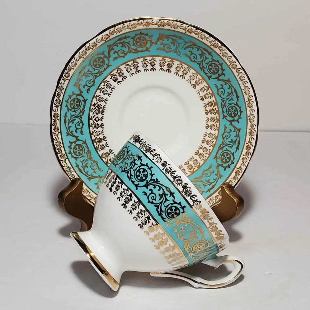 Salisbury Teacup and Saucer Blue Gold Vintage
